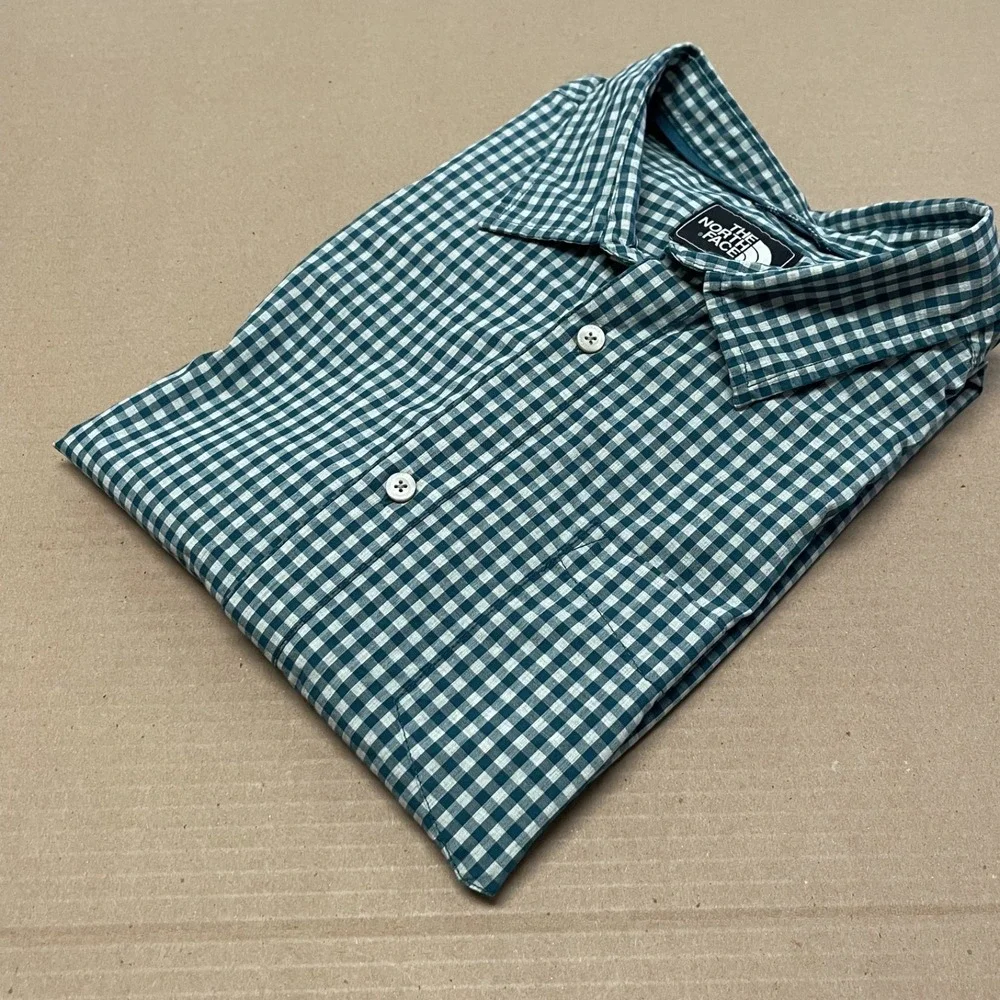The North Face Men's XL Button Up Shirt Short Sleeve Green White Gingham Outdoor